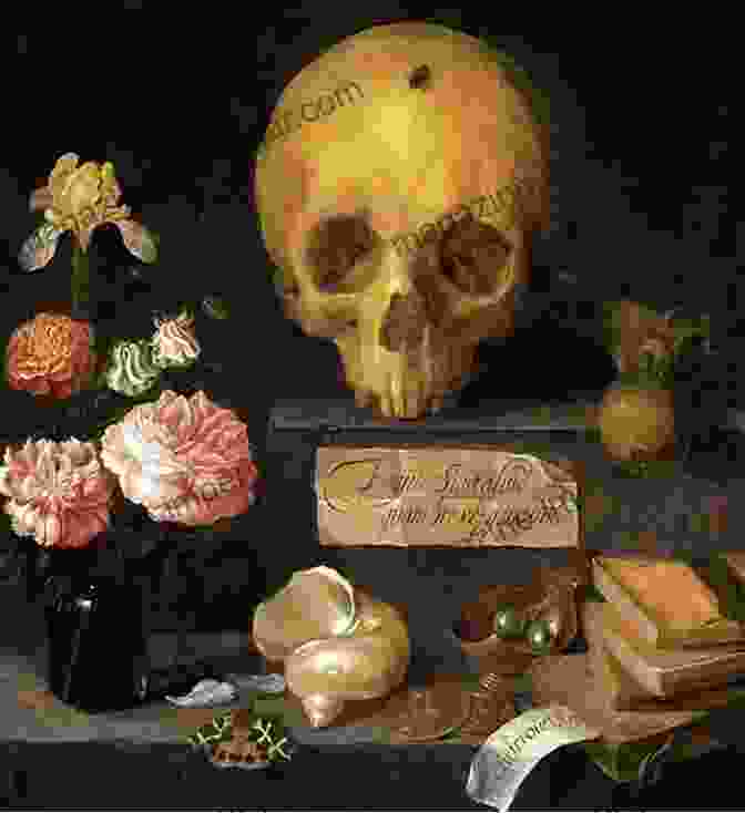 A Still Life Painting Depicting A Human Skull Adorned With Flowers And Other Symbolic Objects, Representing The Memento Mori Tradition. The Art Of The Skull