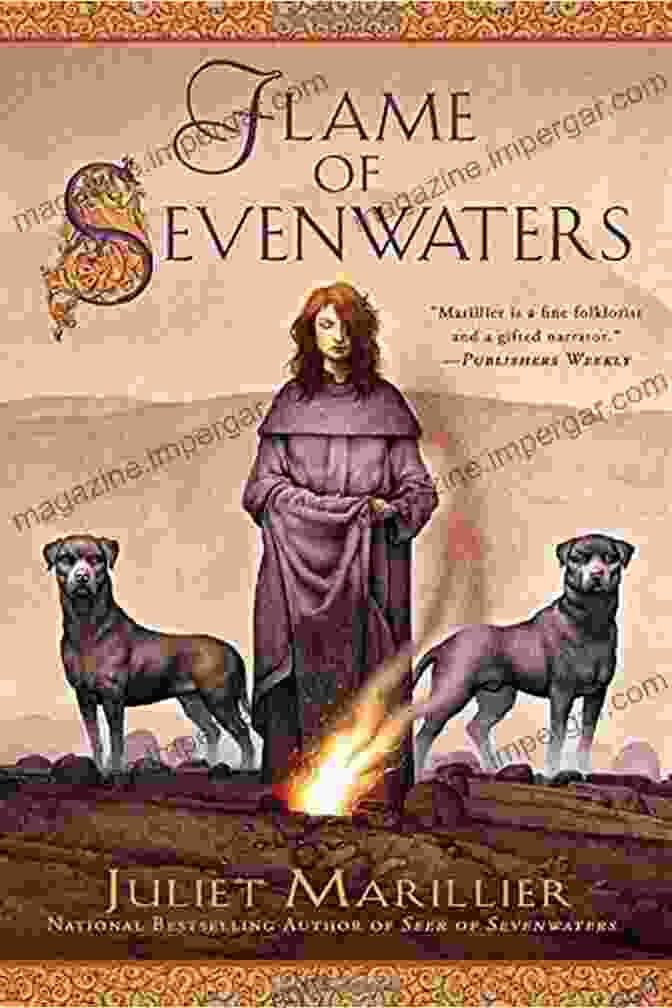 Flame Of Sevenwaters Book Cover Featuring A Woman With Flowing Red Hair, Holding A Sword And A Book, Surrounded By A Circle Of Seven Flames Flame Of Sevenwaters (The Sevenwaters 6)